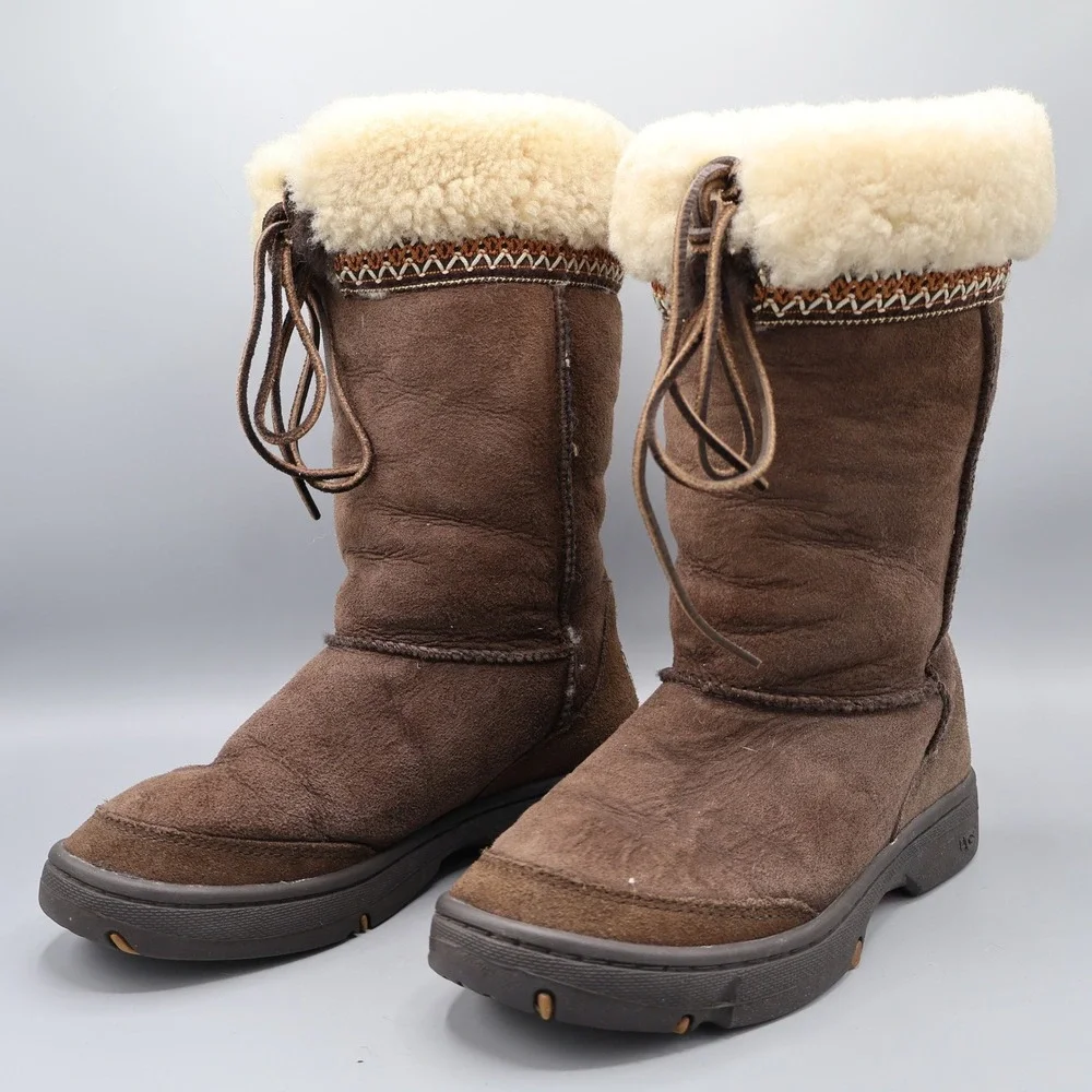 UGGUltimate Cuff Sheepskin Lined Boots Women 8 Brown‎ Lace Up Warm Boho Bohemian